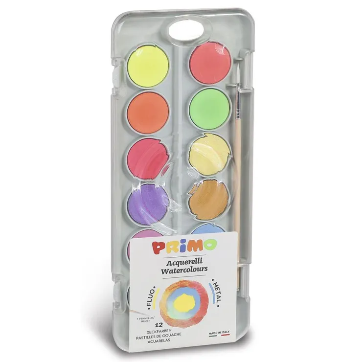 Acuarela escolar 12 colores flúor y metalizados<Primo Best
