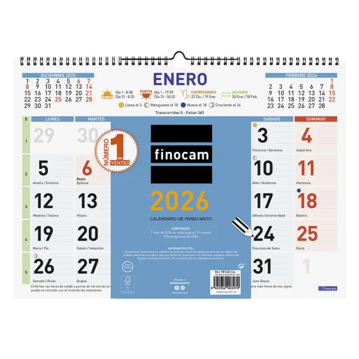 Calendario pared color mixto L 2026<Finocam Online