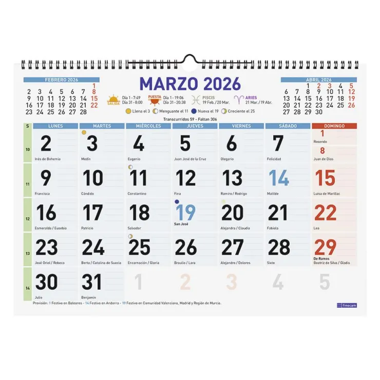 Calendario pared color mixto L 2026<Finocam Online