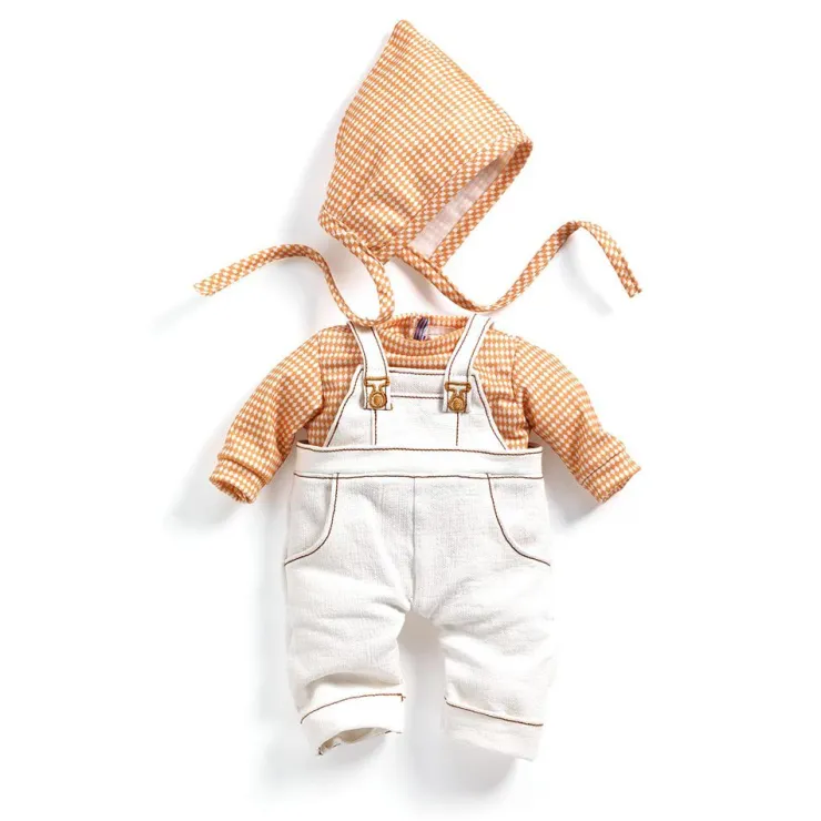 Conjunto peto blanco con camisa y gorro a rombos 32cm.<Djeco