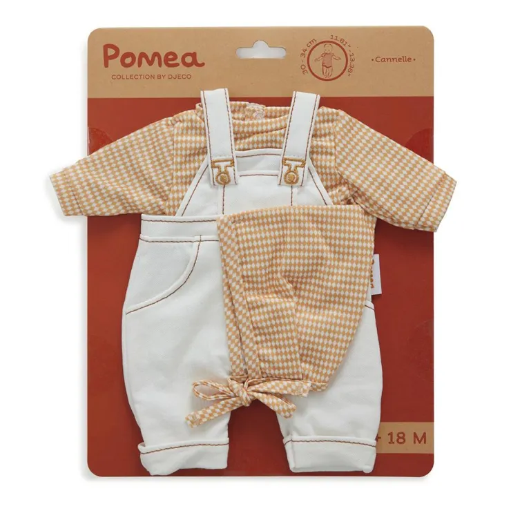 Conjunto peto blanco con camisa y gorro a rombos 32cm.<Djeco