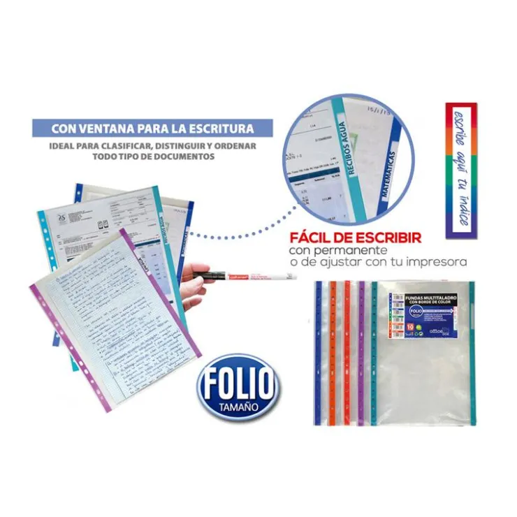 Funda tamaño folio con multitaladro y borde de color 10 unidades<Fraga