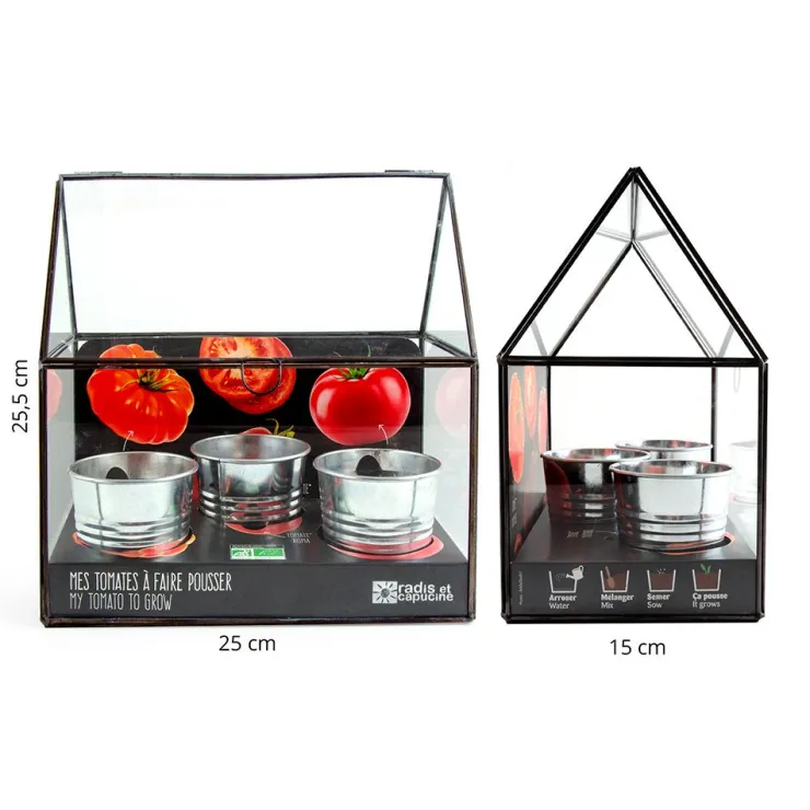 Kit de cultivo invernadero cristal tomates bio con 3 macetas metal<Radis et capucine