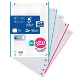 Recambio A4 cuadrícula 5x5 120hj 4 taladros colores pastel<Oxford Hot
