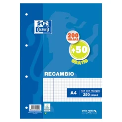 Recambio A4 cuadrícula 4x4mm 4 taladros 250 hojas con margen 90gr.<Oxford