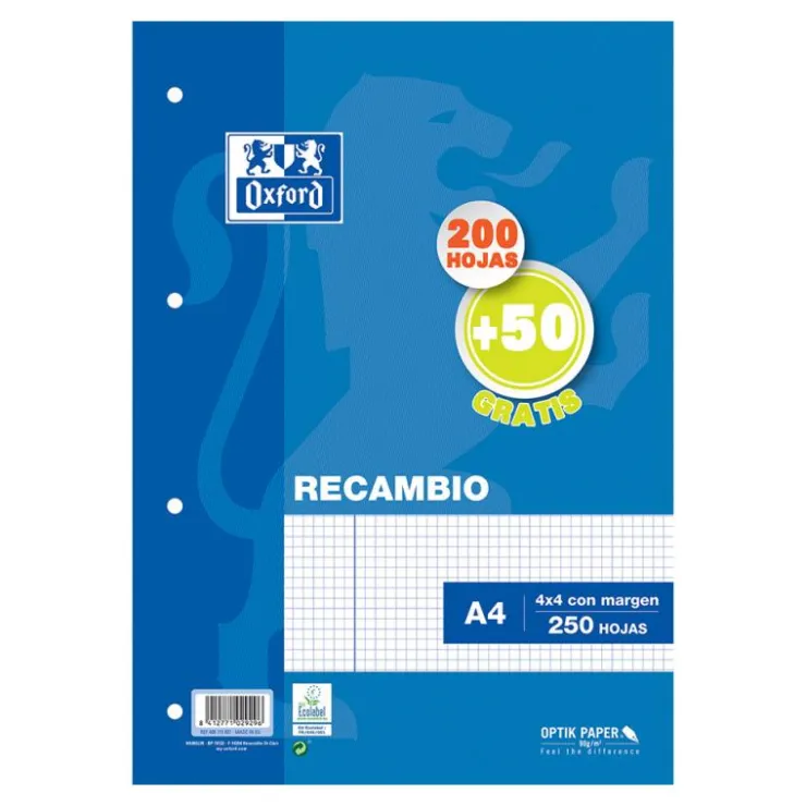 Recambio A4 cuadrícula 4x4mm 4 taladros 250 hojas con margen 90gr.<Oxford