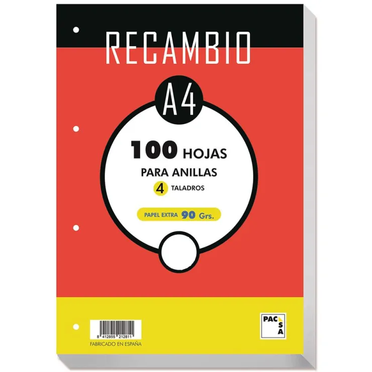 Recambio A4 liso 100 hojas 4 taladros<Pacsa Best