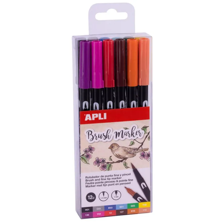 Rotulador doble punta acuarelable 12 colores<Apli Hot