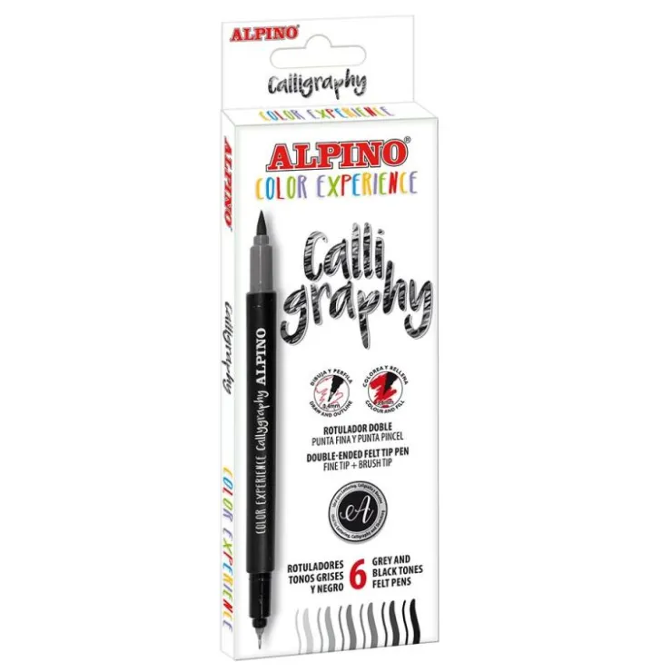 Rotulador doble punta para caligrafía: 6 unidades en tonos grises y negro<Alpino Best