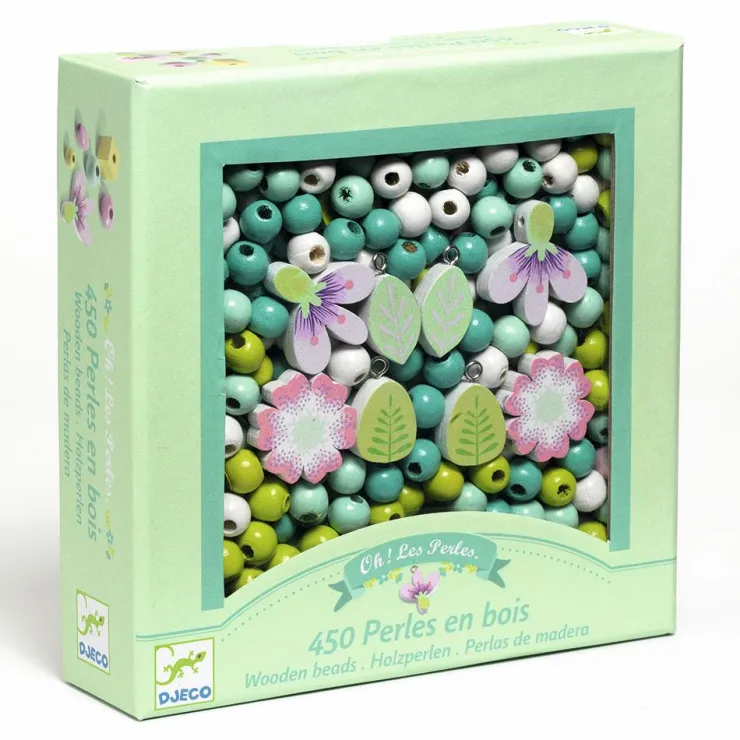Set 450 abalorios madera flores y hojas<Djeco